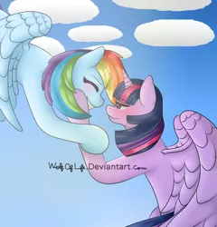 Size: 1920x2000 | Tagged: safe, artist:wolfoflife, derpibooru import, rainbow dash, twilight sparkle, twilight sparkle (alicorn), alicorn, pony, blushing, cloud, female, flying, lesbian, shipping, sky, twidash, watermark