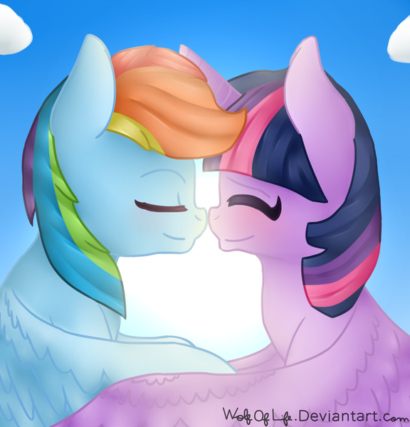 Size: 1920x2000 | Tagged: safe, artist:wolfoflife, derpibooru import, rainbow dash, twilight sparkle, twilight sparkle (alicorn), alicorn, pony, cloud, female, flying, lesbian, shipping, sky, sun, twidash