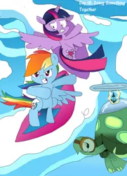 Size: 2562x3543 | Tagged: safe, artist:rainbowyoshi305, derpibooru import, rainbow dash, tank, twilight sparkle, twilight sparkle (alicorn), alicorn, pony, 30 day otp challenge, female, lesbian, scared, shipping, snow, snowboard, twidash