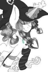 Size: 400x600 | Tagged: safe, artist:laps-sp, derpibooru import, oc, unofficial characters only, pony, unicorn, braid, clothes, crystal, female, hat, heart hair, jewelry, mare, monochrome, necklace, neo noir, partial color, socks, solo, striped socks, witch hat