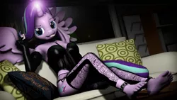 Size: 3840x2160 | Tagged: 3d, alicorn, alicornified, ankle bracelet, anthro, barefoot, bedroom eyes, breasts, busty starlight glimmer, clothes, collar, condom, condom in mouth, corset, couch, derpibooru import, evening gloves, feet, female, gloves, glowing horn, imminent sex, leash, leather, long gloves, looking at you, magic, mouth hold, pillow, plantigrade anthro, race swap, raised eyebrow, sexy, shadow, sitting, solo, solo female, source filmmaker, spread wings, starlicorn, starlight glimmer, stockings, suggestive, thigh highs, xk-class end-of-the-world scenario