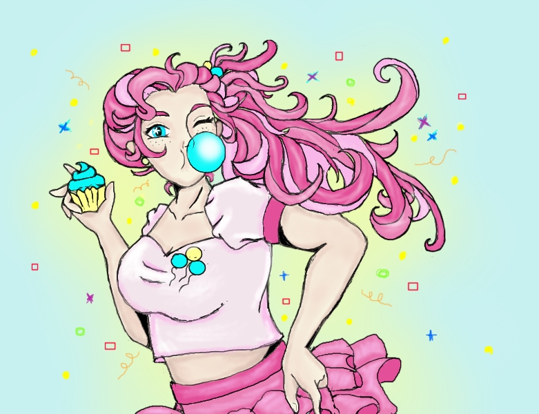 Size: 781x600 | Tagged: artist:phoenixdownvii7, beautiful, bubblegum, clothes, cupcake, cute, derpibooru import, food, gum, human, humanized, midriff, pinkie pie, plump, safe, skirt, skirt lift, solo