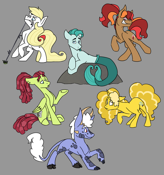 Size: 1600x1712 | Tagged: safe, artist:torusthescribe, derpibooru import, oc, oc:apple spice, oc:beauregard, oc:candlewick, oc:golden fantasy, oc:mozart, oc:rainbow dust, unofficial characters only, earth pony, hybrid, merpony, pegasus, pony, unicorn, female, interspecies offspring, magical lesbian spawn, male, mare, offspring, parent:applejack, parent:discord, parent:fluttershy, parent:lightning dust, parent:oc:fallen star, parent:pinkie pie, parent:pokey pierce, parent:prince blueblood, parent:rainbow dash, parent:rarity, parent:tree hugger, parent:twilight sparkle, parents:bluejack, parents:discolight, parents:flutterhugger, parents:pokeypie, parents:rainbowdust, simple background, stallion