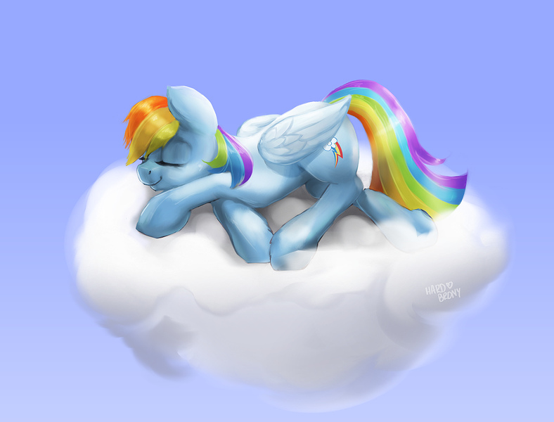 Size: 1230x936 | Tagged: artist:hardbrony, backwards cutie mark, cloud, crossed hooves, derpibooru import, eyes closed, on a cloud, prone, rainbow dash, safe, sky, sleeping, smiling, solo