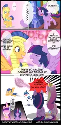 Size: 508x1034 | Tagged: safe, artist:shujiwakahisaa, derpibooru import, flash sentry, princess cadance, shining armor, twilight sparkle, twilight sparkle (alicorn), alicorn, pegasus, pony, unicorn, comic:the magic of pregnancy, axe, blushing, censored vulgarity, comic, crying, death threat, exclamation point, female, flashlight, glowing horn, grawlixes, heart, horn, implied sex, interrobang, magic, male, mare, overprotective, overprotective armor, pregnant, question mark, right to left, shipping, spear, stallion, straight, surprised, sweatdrop, tears of joy, telekinesis, weapon