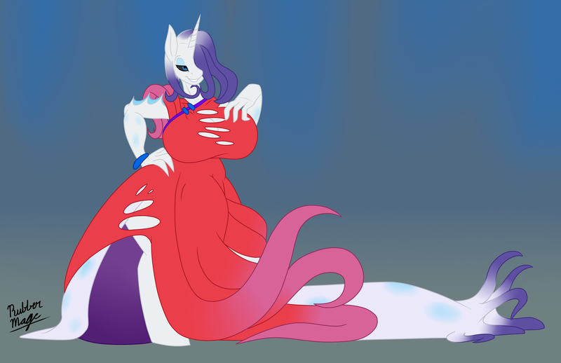 Size: 3300x2136 | Tagged: anthro, artist:nonuberis, artist:rubbermage, bedroom eyes, big breasts, black sclera, body horror, breasts, busty rarity, claws, cleavage, clothes, corrupted, crotch bulge, derpibooru import, dress, eldritch abomination, fins, futa, futa rarity, hair over one eye, hips, huge breasts, hybrid, hyper, intersex, living clothes, questionable, rarity, sea slug, solo, solo futa, species swap, tentacles, thighs, unguligrade anthro, wide hips
