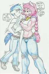 Size: 4177x6281 | Tagged: suggestive, artist:flicker-show, derpibooru import, oc, oc:honey suckle, unofficial characters only, anthro, earth pony, plantigrade anthro, absurd resolution, anthro oc, beauty mark, belly button, big breasts, braided ponytail, breasts, clothes, dialogue, duo, female, floppy ears, gloves, intimidating, jeans, mare, midriff, muscles, pants, ripped jeans, scared, short shirt, simple background, size difference, traditional art