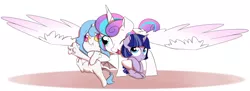 Size: 5000x1818 | Tagged: safe, artist:marukouhai, derpibooru import, princess flurry heart, oc, oc:ceres, oc:eris, hybrid, pony, unicorn, absurd resolution, colt, cousins, hug, interspecies offspring, male, offspring, older, parent:discord, parent:flash sentry, parent:princess celestia, parent:twilight sparkle, parents:dislestia, parents:flashlight, simple background, spread wings, white background