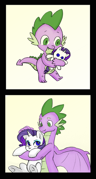 Size: 1217x2259 | Tagged: safe, artist:cabrony, artist:kianamai, color edit, derpibooru import, edit, rarity, spike, dragon, pony, castle sweet castle, :t, colored, crush plush, cute, female, holding a pony, hug, male, older, older spike, petting, pouting, raribetes, rarity is not amused, rarity plushie, scrunchy face, shipping, size difference, smiling, sparity, spikabetes, spread wings, straight, unamused, underhoof, winged spike