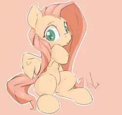 Size: 2077x1950 | Tagged: safe, artist:ando, derpibooru import, fluttershy, pony, colored pupils, cute, ear fluff, haunches, looking at you, looking sideways, open mouth, pink background, raised hoof, shyabetes, signature, simple background, sitting, solo, spread wings, wing fluff