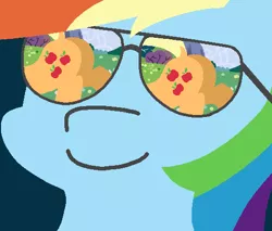 Size: 502x428 | Tagged: safe, artist:threetwotwo32232, derpibooru import, applejack, rainbow dash, earth pony, pegasus, pony, appledash, dock, female, glasses, lesbian, looking at her butt, plot, reflection, shipping