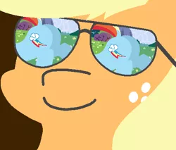 Size: 502x428 | Tagged: safe, artist:threetwotwo32232, derpibooru import, applejack, rainbow dash, earth pony, pegasus, pony, appledash, dock, female, glasses, lesbian, looking at her butt, plot, reflection, shipping