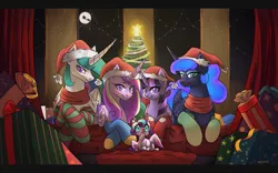 Size: 1919x1196 | Tagged: safe, artist:wynnchi, derpibooru import, princess cadance, princess celestia, princess flurry heart, princess luna, twilight sparkle, twilight sparkle (alicorn), alicorn, pony, alicorn pentarchy, christmas, christmas lights, christmas tree, clothes, colored pupils, cute, cutedance, cutelestia, flurrybetes, hat, lunabetes, moon, present, santa claus, santa hat, socks, striped socks, tree, twiabetes