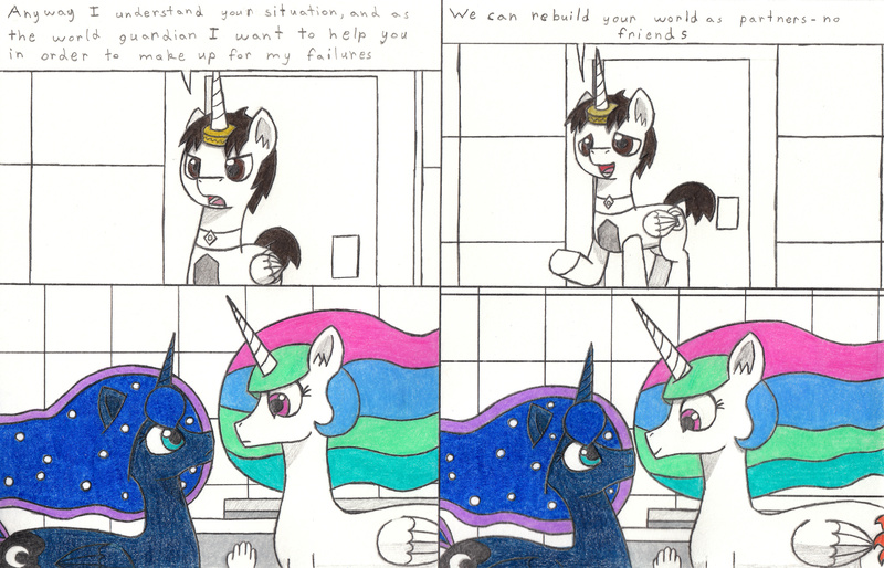 Size: 3391x2178 | Tagged: artist:eternaljonathan, chubby, comic, comic:a new twist, derpibooru import, fat, guardian, horn ring, oc, oc:nemo, princess celestia, princess luna, royal sisters, safe, science fiction, traditional art