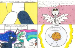 Size: 3391x2188 | Tagged: artist:eternaljonathan, badge, celebration, chubby, comic, comic:a new twist, confetti, cookie, derpibooru import, fat, food, horn ring, oc, oc:nemo, princess celestia, princess luna, royal sisters, safe, science fiction, traditional art