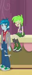 Size: 220x504 | Tagged: safe, derpibooru import, screencap, cherry crash, thunderbass, equestria girls, rainbow rocks, background human, boots, clothes, ear piercing, earring, fingerless gloves, gloves, high heel boots, jacket, jewelry, necktie, piercing, ripped pants, shoes, sneakers