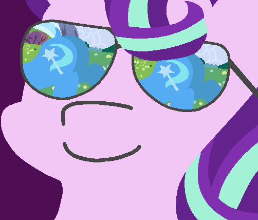 Size: 502x428 | Tagged: safe, artist:threetwotwo32232, derpibooru import, edit, editor:luzion, starlight glimmer, trixie, pony, unicorn, butt, dat butt, dock, eyes on the prize, eyes on the prize on the eyes, female, glasses, lesbian, looking at her butt, meme, plot, prize on the eyes, reflection, shipping, smiling, startrix, sunglasses