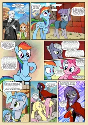 Size: 1355x1920 | Tagged: safe, artist:pencils, derpibooru import, fluttershy, limestone pie, maud pie, pinkie pie, rainbow dash, oc, oc:anon, oc:mascara maroon, oc:sky shatter, earth pony, human, pegasus, pony, satyr, comic:anon's pie adventure, armor, backpack, carrot, choker, cloak, clothes, coat, comic, dialogue, dock, dress, eating, female, floppy ears, flutterbutt, food, human male, male, mare, nibbling, plot, shirt, sitting, speech bubble, stallion, threatening