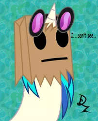 Size: 1929x2392 | Tagged: safe, artist:drzedworth, derpibooru import, vinyl scratch, pony, unicorn, abstract background, bag on head, face on a bag, paper bag, solo