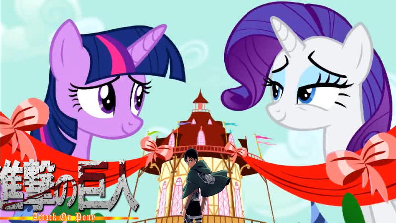 Size: 1366x768 | Tagged: safe, derpibooru import, edit, edited screencap, screencap, rarity, twilight sparkle, twilight sparkle (alicorn), alicorn, pony, simple ways, attack on hoers, attack on pony, attack on titan, eren jaeger, giant pony, macro, meme, parody, ponyville, smiling