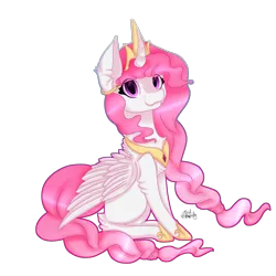 Size: 3850x3850 | Tagged: safe, artist:zombiecupcake101, derpibooru import, princess celestia, alicorn, pony, cewestia, cute, cutelestia, female, filly, pink-mane celestia, sitting, smiling, solo, wavy mouth, younger