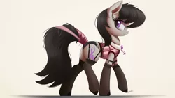 Size: 2500x1406 | Tagged: suggestive, artist:raps, derpibooru import, octavia melody, earth pony, pony, bowtie, chest fluff, clothed ponies, clothes, corset, ear fluff, female, lingerie, looking back, mare, panties, plot, signature, simple background, solo, solo female, stockings, tail wrap, thigh highs, underwear, white background