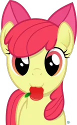 Size: 1800x2918 | Tagged: safe, artist:arifproject, derpibooru import, apple bloom, earth pony, pony, adorabloom, apple, arif's scrunchy pone, bow, cute, female, filly, food, looking at you, mouth hold, nom, red hair, red tail, simple background, solo, transparent background, vector