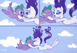 Size: 1880x1299 | Tagged: safe, artist:dubstepina, derpibooru import, rarity, spike, dragon, pony, unicorn, secret of my excess, blushing, comic, crying, falling, female, fire ruby, kissing, making out, male, mare, scene interpretation, shipping, sparity, straight