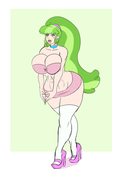 Size: 770x1100 | Tagged: artist:annon, big breasts, bimbo, bimboification, breasts, busty ms. peachbottom, chickadee, cleavage, clothes, derpibooru import, female, high heels, huge breasts, human, humanized, miniskirt, ms. peachbottom, ponytail, questionable, shoes, skirt, socks, solo, solo female, thigh highs, thighs
