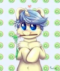 Size: 785x937 | Tagged: safe, artist:confetticakez, derpibooru import, oc, unofficial characters only, pony, unicorn, belly button, chest fluff, kiwi fruit, male, mouth hold, paint, paintbrush, solo, stallion