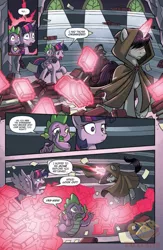 Size: 864x1328 | Tagged: safe, artist:tonyfleecs, derpibooru import, idw, shadow lock, spike, twilight sparkle, twilight sparkle (alicorn), alicorn, dragon, pony, from the shadows, spoiler:comic, spoiler:comic51, cloak, clothes, comic, cropped, female, glowing horn, library, magic, magic aura, male, mare, official comic, preview, speech bubble, stallion, telekinesis, twilight's castle, twilight's castle library
