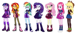 Size: 3900x1700 | Tagged: safe, artist:mixiepie, derpibooru import, applejack, fluttershy, pinkie pie, rainbow dash, rarity, sunset shimmer, twilight sparkle, equestria girls, alternate universe, boots, bracelet, clothes, cowboy hat, denim skirt, fishnets, hat, high heel boots, high heels, humane seven, leg warmers, pinkamena diane pie, simple background, skirt, stetson, transparent background