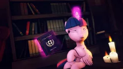 Size: 1280x720 | Tagged: safe, artist:flushthebatsanta, derpibooru import, twilight sparkle, twilight sparkle (alicorn), alicorn, pony, 3d, book, bookhorse, bookshelf, candle, candlelight, crossed arms, dat face, eyes closed, female, magic, poster, solo, source filmmaker, tongue out