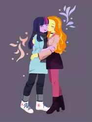 Size: 975x1300 | Tagged: safe, artist:magneticskye, derpibooru import, adagio dazzle, twilight sparkle, equestria girls, rainbow rocks, adagilight, blushing, clothes, converse, eyes closed, female, kissing, laughing, lesbian, lineless, open mouth, shipping, shoes, simple background, skirt, teeth