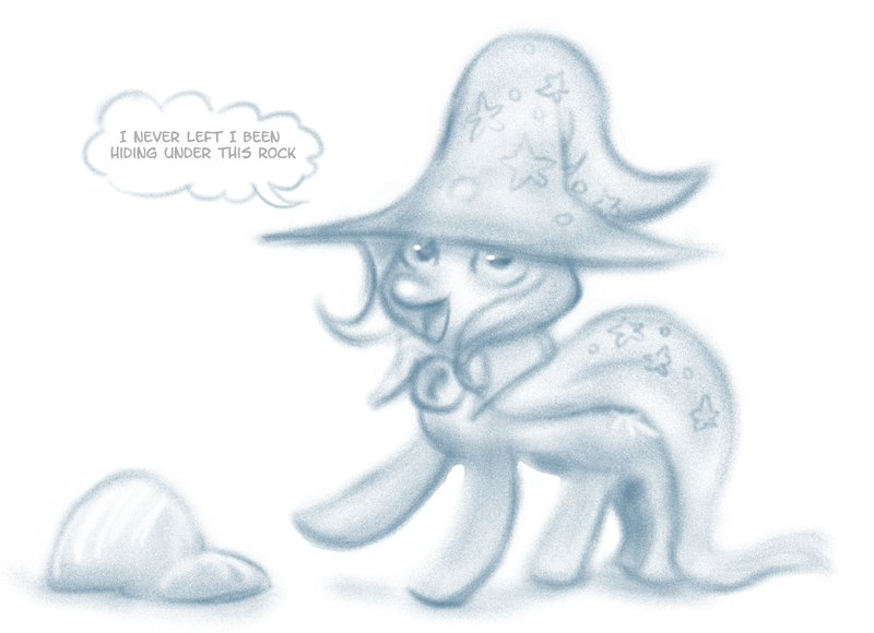 Size: 1200x870 | Tagged: safe, artist:fauxsquared, derpibooru import, trixie, pony, unicorn, cape, clothes, dialogue, hat, monochrome, open mouth, raised hoof, rock, simple background, smiling, solo, trixie is magic, trixie's cape, trixie's hat, white background