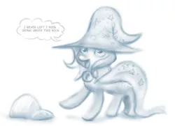 Size: 1200x870 | Tagged: safe, artist:fauxsquared, derpibooru import, trixie, pony, unicorn, cape, clothes, dialogue, hat, monochrome, open mouth, raised hoof, rock, simple background, smiling, solo, trixie is magic, trixie's cape, trixie's hat, white background