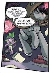 Size: 355x511 | Tagged: safe, artist:tonyfleecs, derpibooru import, edit, idw, shadow lock, spike, dragon, pony, from the shadows, spoiler:comic, spoiler:comic51, book, cloak, clothes, coldsteel the hedgeheg, cropped, edgy, magic, male, misspelling, nothin personnel kid, scar, speech bubble, stallion, telekinesis