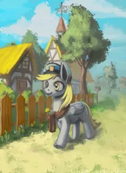 Size: 726x1000 | Tagged: safe, artist:lexx2dot0, derpibooru import, derpy hooves, pegasus, pony, female, fence, house, mailbox, mailmare, mare, ponyville, scenery, smiling, solo, tree, weather vane