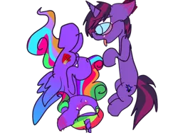 Size: 1024x768 | Tagged: suggestive, artist:rubyg242, derpibooru import, oc, oc:amellia rose, oc:midnight coda, unofficial characters only, alicorn, pony, 69 position, alicorn oc, blushing, glasses, oral, rainbow hair, request, requested art, sex, shipping, simple background, transparent background