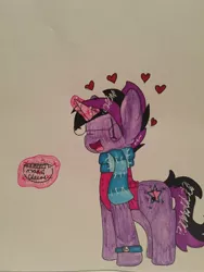 Size: 2448x3264 | Tagged: safe, artist:lifysdoodles, derpibooru import, oc, oc:midnight coda, unofficial characters only, clothes, cute, food, heart, magic, request, requested art, scarf, solo, traditional art, vest, watch