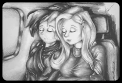 Size: 2548x1728 | Tagged: artist:nolyanimeid, car, clothes, derpibooru import, drawing, duo, eyes closed, fluttershy, grayscale, human, humanized, monochrome, rainbow dash, safe, sleeping, traditional art