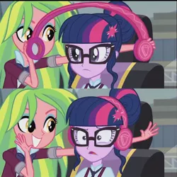 Size: 1080x1080 | Tagged: safe, derpibooru import, lemon zest, sci-twi, twilight sparkle, equestria girls, headphones, shrunken pupils