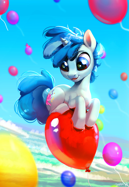 Size: 1901x2749 | Tagged: safe, artist:imalou, derpibooru import, party favor, pony, balloon, cute, favorbetes, scenery, solo