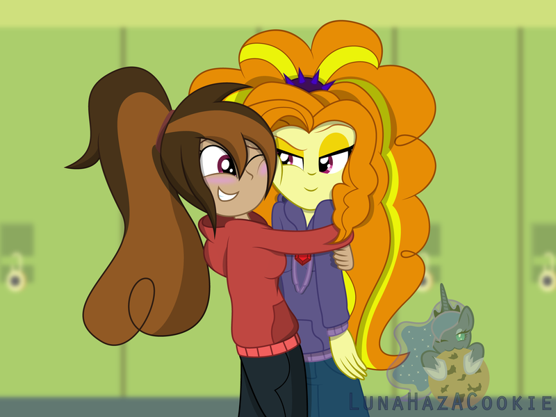 Size: 4000x3000 | Tagged: safe, artist:lunahazacookie, derpibooru import, adagio dazzle, oc, oc:cupcake slash, equestria girls, absurd resolution, canterlot high, clothes, cute, equestria girls-ified, hallway, hoodie, hug, lockers, looking at each other, one eye closed, pants