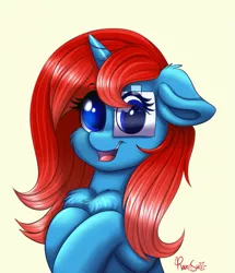 Size: 859x1000 | Tagged: safe, artist:confetticakez, derpibooru import, oc, unofficial characters only, pony, unicorn, blue eyes, cheek fluff, chest fluff, commission, cute, derp, female, floppy ears, looking at you, mare, ocbetes, open mouth, paper, red hair, simple background, smiling, solo, yellow background