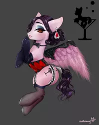 Size: 5905x7441 | Tagged: suggestive, artist:vanilla166, derpibooru import, oc, unofficial characters only, pegasus, pony, absurd resolution, bowtie, burlesque, clothes, corset, cutie mark, ear piercing, earring, garter, gray background, jewelry, piercing, simple background, solo
