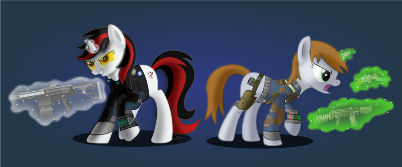 Size: 6400x2667 | Tagged: safe, artist:blue-strokes, derpibooru import, oc, oc:blackjack, oc:littlepip, unofficial characters only, pony, unicorn, fallout equestria, fallout equestria: project horizons, fanfic, absurd resolution, assault rifle, clothes, fanfic art, female, glowing horn, gradient background, gun, handgun, hooves, horn, levitation, little macintosh, magic, mare, open mouth, optical sight, pipbuck, revolver, rifle, teeth, telekinesis, vault suit, weapon, zebra rifle