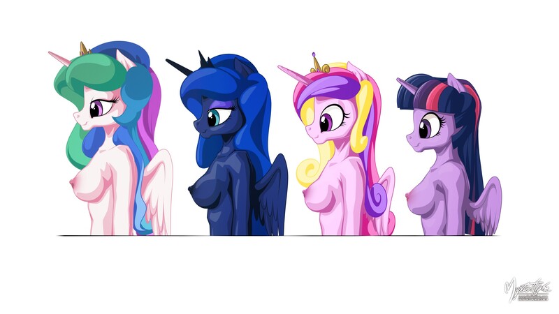 Size: 2560x1440 | Tagged: alicorn, alicorn tetrarchy, anthro, artist:mysticalpha, breasts, busty princess cadance, busty princess celestia, busty princess luna, busty twilight sparkle, derpibooru import, female, nipples, nudity, princess cadance, princess celestia, princess luna, questionable, simple background, smiling, twilight sparkle, twilight sparkle (alicorn), white background