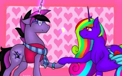Size: 1280x800 | Tagged: safe, artist:acrylicstrike, derpibooru import, oc, oc:amellia rose, oc:midnight coda, unofficial characters only, alicorn, pony, clothes, hoof hold, magic, marriage proposal, rainbow hair, ring, scarf, shipping, smiling, vest