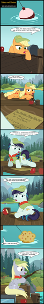 Size: 1823x12487 | Tagged: absurd resolution, apple, applejack, artist:toxic-mario, camp, camp friendship, coloratura, comic, derpibooru import, derpy hooves, female, filly, filly applejack, filly coloratura, filly derpy, fishing, food, hat, muffin, safe, that pony sure does love muffins